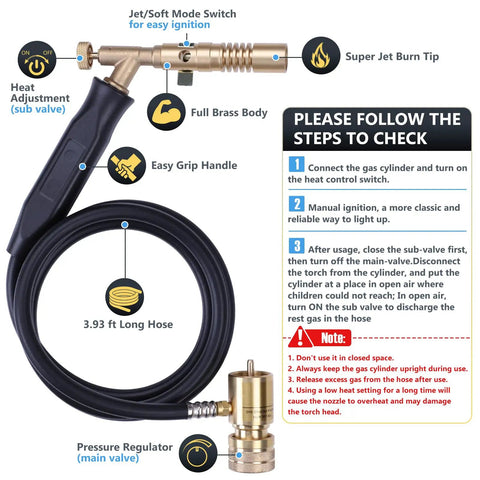Heavy Duty Propane Torch Hose Kit 3.93 Ft With Adjustable Heat MAPP Torch Head 2600 Fahrenheit 25,000 BTU Per Hour Solder Copper Pipe And HVAC Professional Grade DIY Soldering Kit product details diagram with hose and ignition switch.