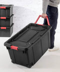 Heavy Duty Plastic Storage Totes With Secure Snap Lids For Garage Shed Organization 15 Gallon 18 Pack with wheels for easy transport.