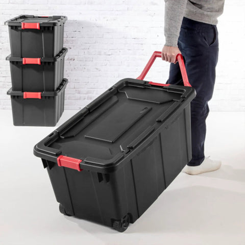 Heavy Duty Plastic Storage Totes With Secure Snap Lids For Garage Shed Organization 15 Gallon 18 Pack with wheels for easy transport.