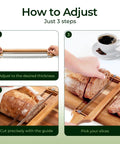 Step-by-step use of adjustable bread knife with precision thickness guide, cutting a sourdough loaf on wooden board.