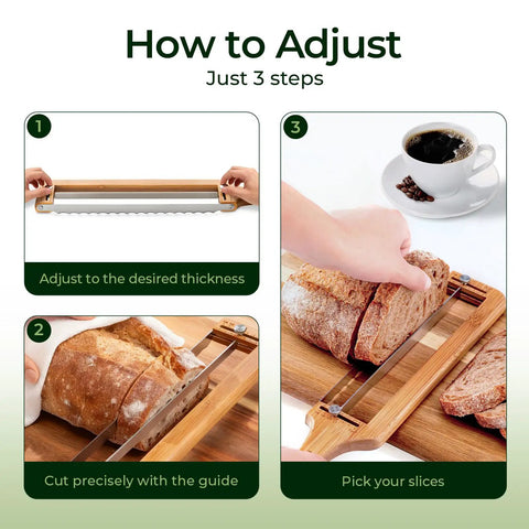 Step-by-step use of adjustable bread knife with precision thickness guide, cutting a sourdough loaf on wooden board.
