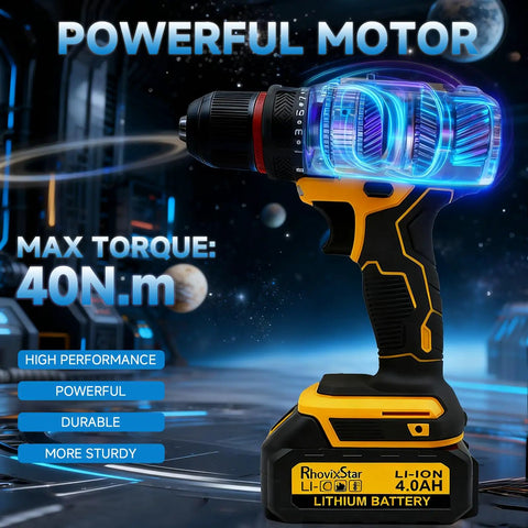 Cordless 20V Drill Kit With 2 Speed Settings, image showing powerful motor feature and 40 Nm torque highlighted