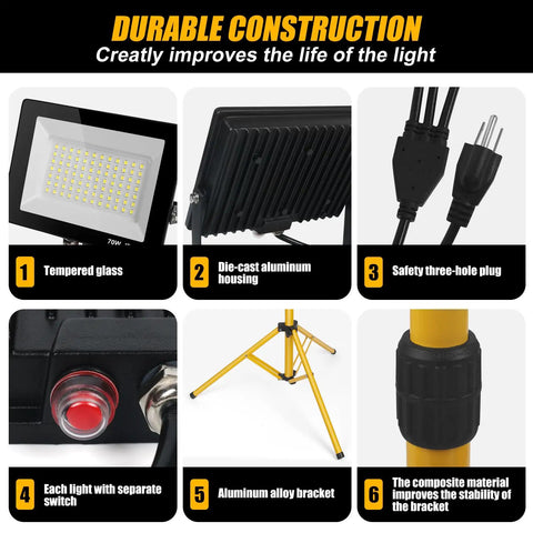 Beastly Bright 21000 Lumen LED Tri Head Work Light On Stand With IP66 Waterproof Tripod features like tempered glass and aluminum housing