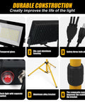 Super Bright 21000 Lumen LED Work Lights On Stand With Two Heads Portable Tripod Work Light For Outdoor And Indoor Job Sites IP66 Waterproof Heavy Duty Garage Workshop Construction Site Lighting components including tempered glass and die-cast aluminum housing