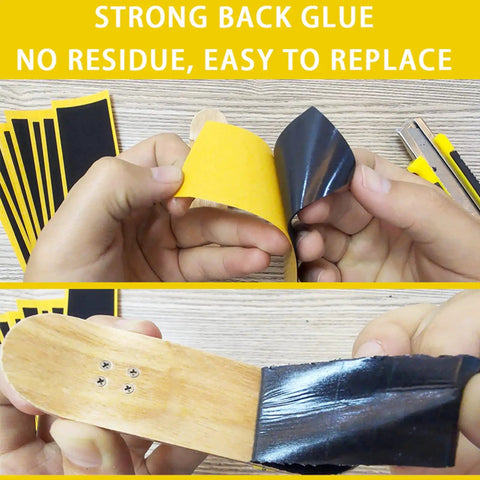 Applying Dope Fingerboard Foam Grip Tape Set 12 Pcs 38mm By 110mm to a wooden board with strong adhesive backing
