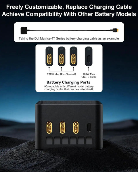 300W Matrice 4 Series Battery Charging Hub showing customizable ports for Matrice 4T and 4E Drones, front view.