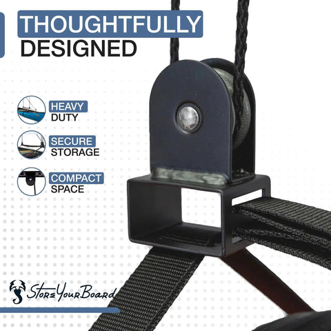 Ceiling Ladder Storage Pulley System For Garage Hoist close-up showing heavy duty overhead organizer component and rope.