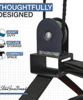Close-up of pulley mechanism on heavy duty ladder ceiling storage hoist with adjustable straps overhead pulley rack for garage and home.