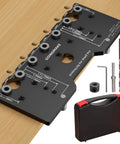 Pro Grade Aluminum Shelf Pin Jig One Quarter Inch Drill Guide For Straight Holes Cabinet Hardware And Woodworking Projects Durable And Precise Ideal For Cabinets Shelves Furniture And Home DIY Projects With Quick Setup And Accurate Drilling displayed with accessories and carrying case.