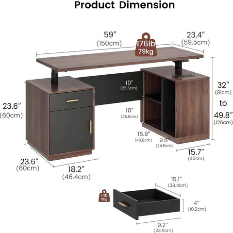 Fly Setup L Shaped Electric Standing Desk With Drawers And USB Charging Ports Dead Quiet Programmable Memory Height Adjustable Executive Workstation Built Tough For Smooth Posture Switches dimensions illustration with measurements.