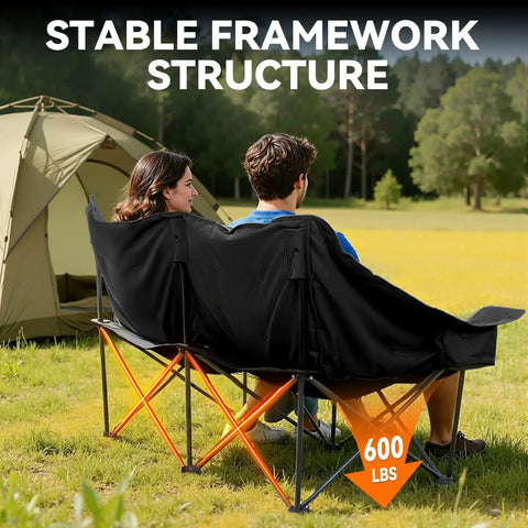 Oversized Double Camping Chair With Padded Seats, Foldable Loveseat For Adults, outdoors near a tent