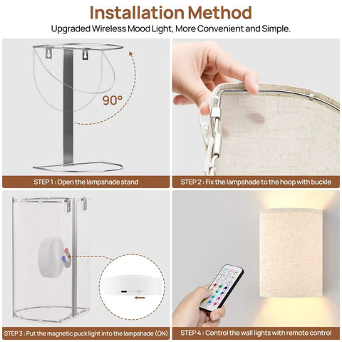 Installation steps for Magnetic Battery Operated RGB Wall Sconce Set Of 2 with dimmable remote and fabric linen shade.