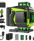 Pro-Grade 4x360 Degree Green Laser Level With Self Leveling, 16 Line Cross Line Laser Tool, accessories, remote control visible.