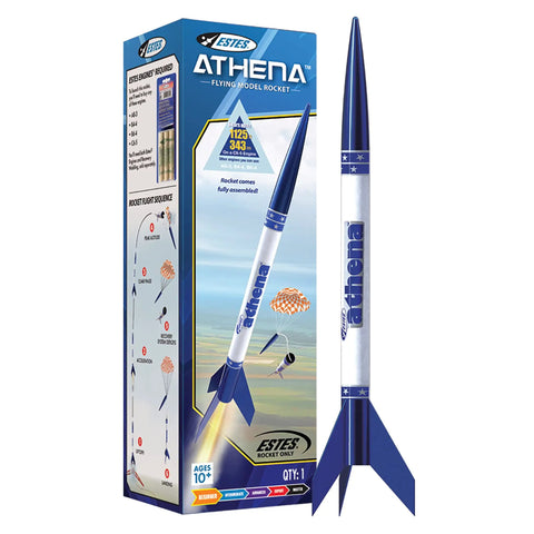 Athena Ready To Fly Beginner Model Rocket Kit Prebuilt Parachute Rocket For Ages 10 Plus with box and blue design