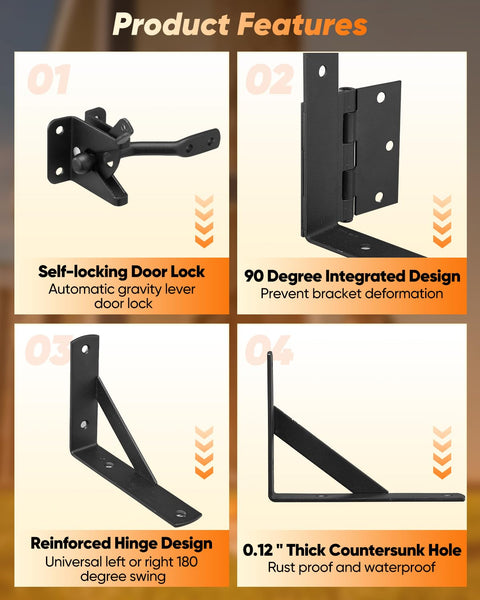 Heavy Duty Gate Brace Kit Anti Sag Gate Hardware Corner Brace For Wooden Fences image showing self-locking door lock and hinges.