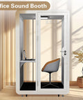 Portable Office Sound Booth With Audio Privacy, Mobile Soundproof Phone Pod featuring a sleek design, desk, chair, and smooth rolling casters.