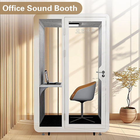 Portable Office Sound Booth With Audio Privacy, Mobile Soundproof Phone Pod featuring a sleek design, desk, chair, and smooth rolling casters.