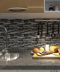 Self Adhesive Peel And Stick 12x12 Inch Wall Tiles, 10 Tiles, Shiny Backsplash in kitchen over marble countertop.