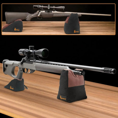 Combo Front And Rear Shooting Rest Bag With Soft Leather Upper And Durable Canvas Base, rifle resting on bags at shooting range