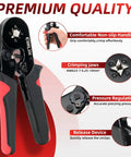 Grab This Epic Cinlin Crimping Tool Kit Featuring Self-Adjusting 4-Corner Ratchet Pliers, AWG 23 To 7 Gauge Ferrule Connectors, And A Massive 1800 Piece Terminal Set Perfect For Your Car Audio Setup Or Any Toughest DIY Projects Around The House Today. Black steel crimping pliers with red non-slip handles