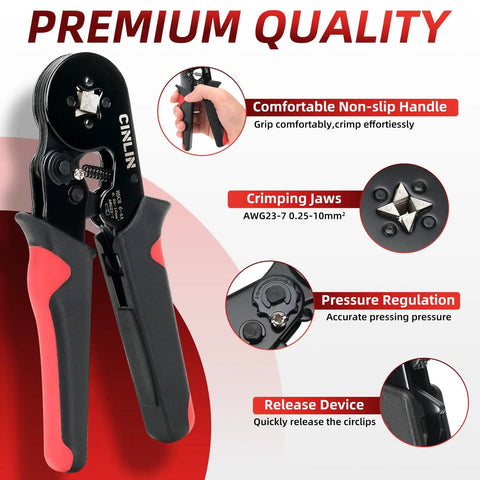 Grab This Epic Cinlin Crimping Tool Kit Featuring Self-Adjusting 4-Corner Ratchet Pliers, AWG 23 To 7 Gauge Ferrule Connectors, And A Massive 1800 Piece Terminal Set Perfect For Your Car Audio Setup Or Any Toughest DIY Projects Around The House Today. Black steel crimping pliers with red non-slip handles