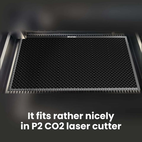 Dofiki steel honeycomb cutting bed for P2/P2S CO2 laser cutter; front view shows hexagonal grid.
