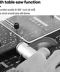 Close-up of Compact Portable Benchtop Table Saw Packing An Amped Up 1800 Watt Motor showing 0-90 degree scale and blade.