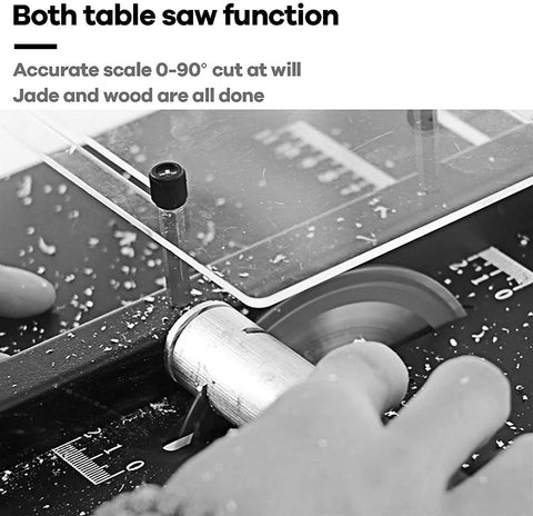 Close-up of Compact Portable Benchtop Table Saw Packing An Amped Up 1800 Watt Motor showing 0-90 degree scale and blade.