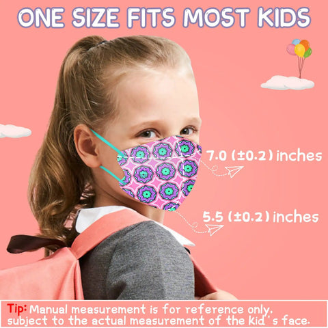 Girl wearing Kids KN95 Face Masks 30 Pack With 5 Layers Disposable Protective Covers Small Size For Kiddos Boys And Girls Elastic Earloops Plaid Flower Design Ideal For School Indoor Outdoor Use
