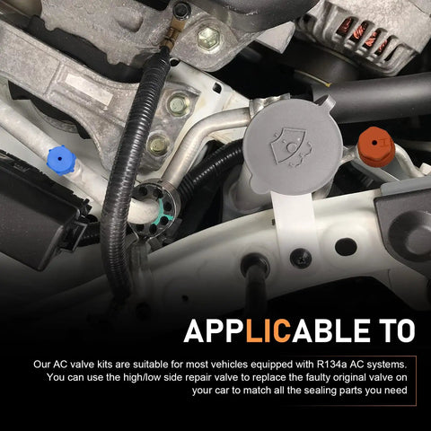 17-Piece Car AC Valve Core Kit For R12 R22 R134a Systems With Sealed Pressure Cap shown installed on vehicle