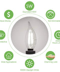 LED E12 Candle Bulbs 5W 60W Equiv Non Dimmable Flame Tip, CRI 80+ Daylight White 5000K, 550 Lumens infographic with benefits