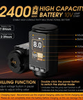 Wireless Rotary Tattoo Pen Kit With Brushless Motor Dual Batteries display screen showing 2400mAh capacity and voltage details