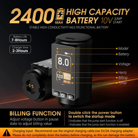 Wireless Rotary Tattoo Pen Kit With Brushless Motor Dual Batteries display screen showing 2400mAh capacity and voltage details