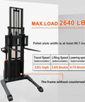 Heavy Duty Full Electric Walkie Pallet Stacker With Straddle Legs showing specs, lifting 2640 lbs and intricate design details.