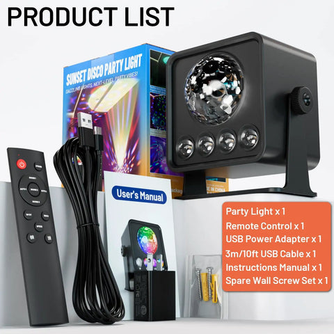Disco Ball Light Party Lamp With Sunset Mode, DJ Disco Light and accessories including remote and cables on display