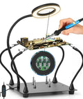 Soldering Magnifying Glass With Four Arm Magnetic Holder And 3X LED Light in use, circuit board repair on heavy-duty base