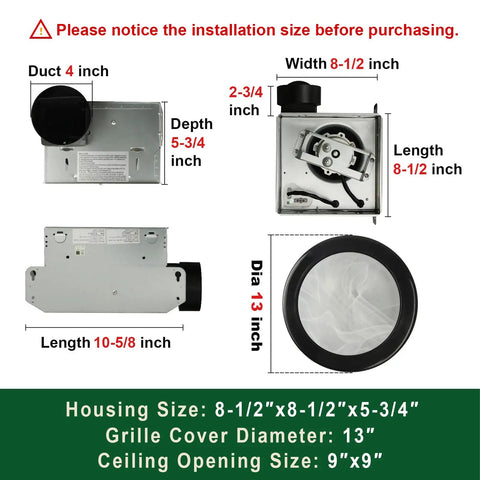 Ultra Quiet Bathroom Exhaust Fan With LED Light 80 CFM 2 Sones Round Ventilation Fan dimensions and installation sizes diagram