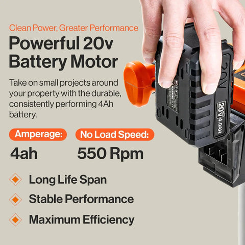 Hand holding 20V 4Ah battery for Cordless Earth Auger Power Head With 12 Inch By 3 Inch Auger Bit, 20V 4Ah Battery And Charger, Gas Free Safe Post Hole Digging Tool For Yard Work, Quiet Electric Burrowing Drill With Overload Protection