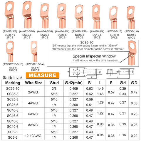 Copper Wire Lugs And Ring Terminals Kit For Automotive Wiring AWG 2 4 6 8 10 12 160 Piece Set With Heat Shrink Tubing chart
