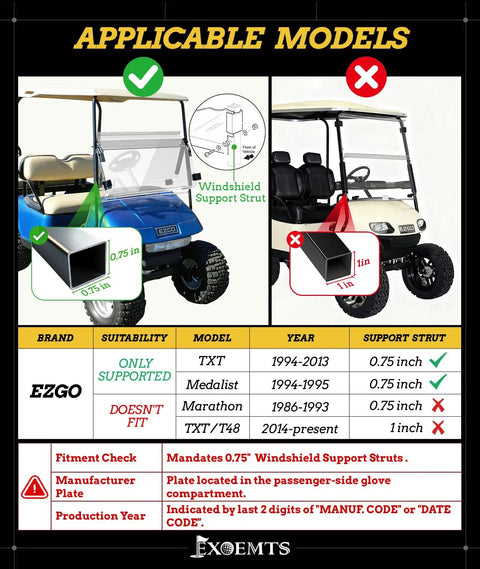Image showing EZGO golf cart models suitable for Solid Rider EZGO TXT Golf Cart Windshield from 1995 to 2013 with specs.