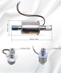Inline 12 Volt Electric Fuel Pump For Carbureted Engines Low Pressure 5 To 9 PSI Three Eighth Inch Inlet And Outlet Universal Replacement With Installation Kit E8090 SP1141 Compatible Plug And Play Ready To Drop In Mounting For Easy Install shown with dimensions