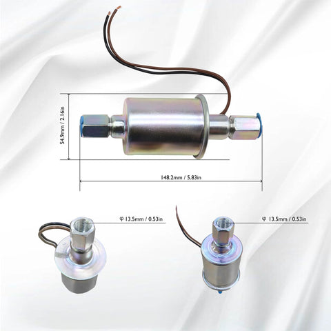 Inline 12 Volt Electric Fuel Pump For Carbureted Engines Low Pressure 5 To 9 PSI Three Eighth Inch Inlet And Outlet Universal Replacement With Installation Kit E8090 SP1141 Compatible Plug And Play Ready To Drop In Mounting For Easy Install shown with dimensions