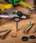 100 Piece Hinged Plastic Screw Cover Caps Set With Shutter Fold Snap Covers And Washers, Flip Top Caps on screws on a wooden surface