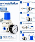 Adjustable Air Pressure Regulator For Compressors With Gauge From Zero To One Hundred Sixty PSI, showing installation steps