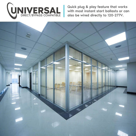 Office hallway lit by 2ft LED Tube Light T8 11W 17W Equivalent Daylight 6500K 1100 Lumens Super Bright Fluorescent Tube Replacement With Ballast Bypass ETL Listed For Shop Garage Office 12 Pack