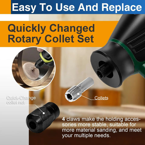 Four Piece Rotary Tool Collet Set With Clamping Nut In Stainless Steel for Dremel, showcasing clamping nut and collet installation.