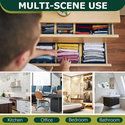 Person organizing a drawer with Knockout Premium Bamboo Drawer Dividers Six Pack for neat compartmentalized storage.