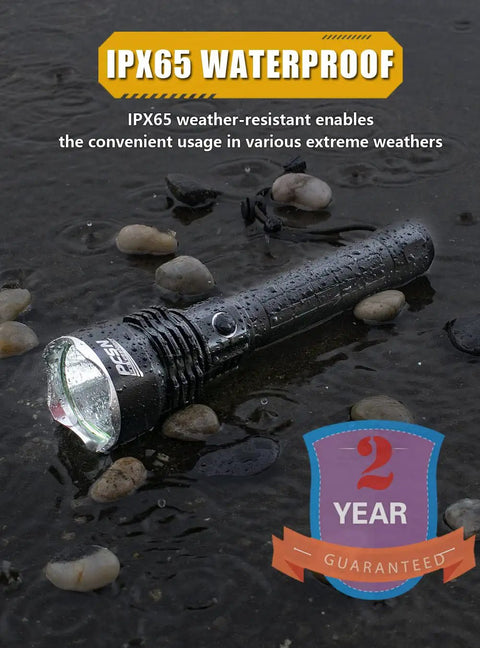 6000 Lumen Rechargeable Waterproof Flashlight With P50 LED, 400m Beam on wet rocks demonstrating IP65 waterproofing
