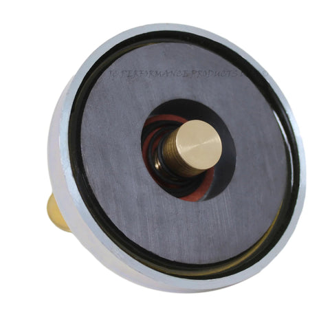 Spring-loaded magnetic welding ground clamp with brass electrode, round metal housing and red/black wires (front view).