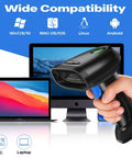 2D Barcode Scanner With Stand And Long USB Cable held against screens, compatible with Win7/8/10, MAC OS/IOS, Linux, Android